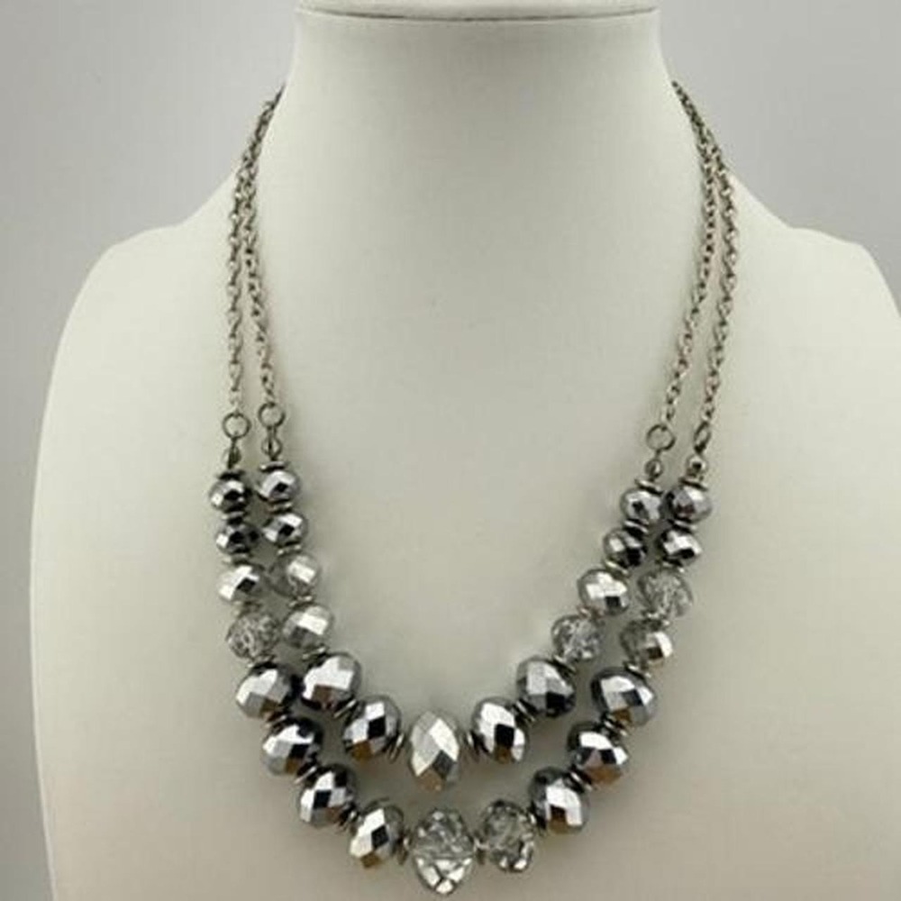 Layered Beaded Necklace Crystal Double Strand Silver Tone Statement